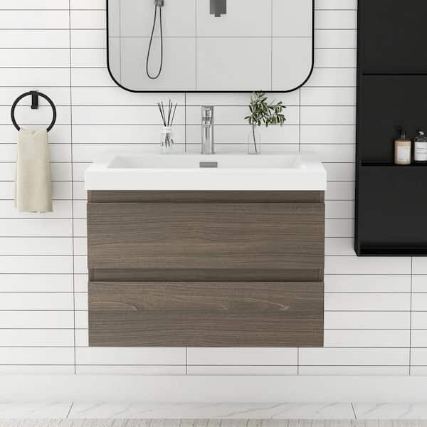 JimsMaison 30 in. W x 20 in. D x 22 in. H Single Sink Floating Bath Vanity in Ash Grey with Glossy White Resin Top