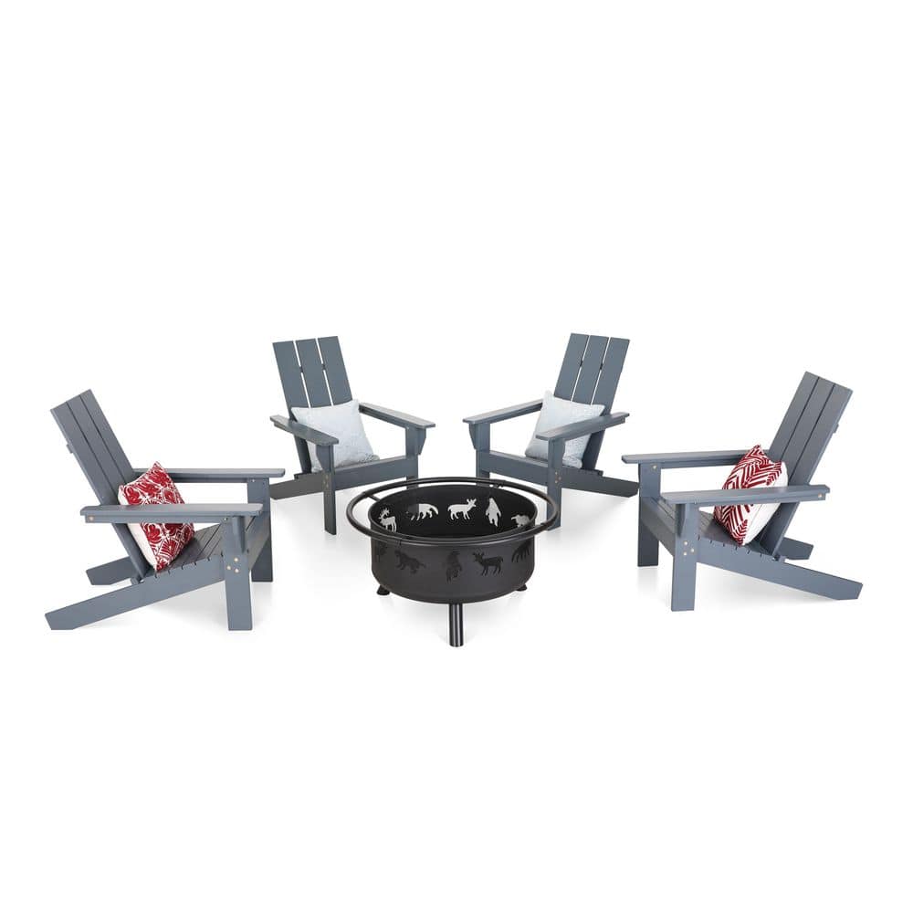 PHI VILLA Classic Oversized Gray Wood Adirondack Chair and Fire Pit