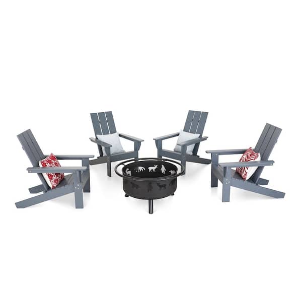 PHI VILLA Classic Oversized Gray Wood Adirondack Chair and Fire Pit with Animal Pattern (4-Pack)