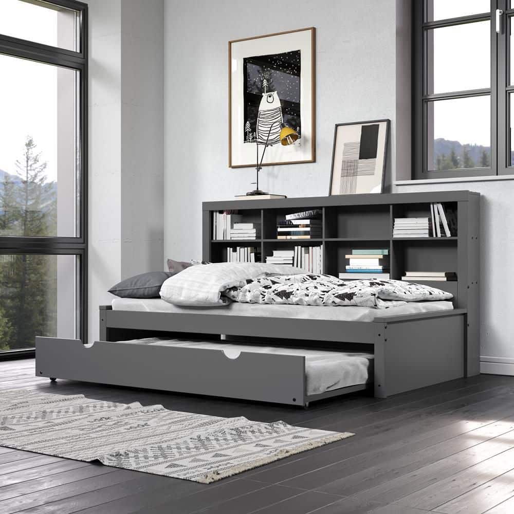 Twin Pinewood Daybed with Bookcase and Trundle in Dark Brown