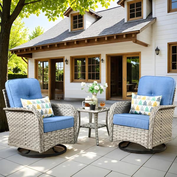 weaxty W Gerbera 3-Piece Gray Wicker Outdoor Rocking Chairs with Coffee Table and Diamond Blue Cushions