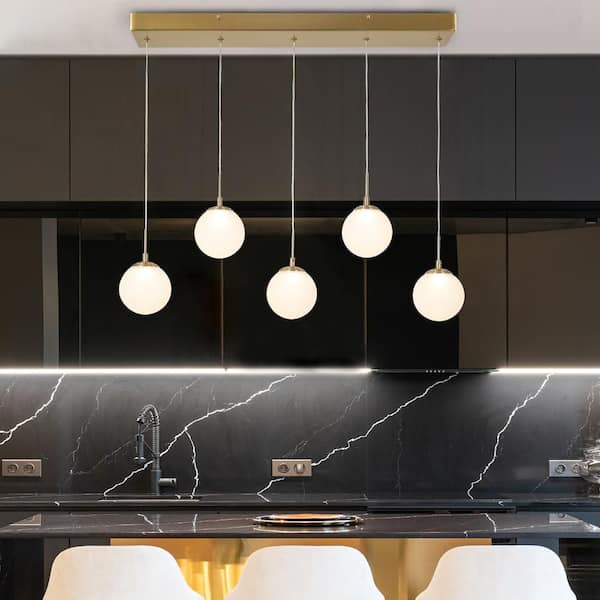 5-Light Mid-Century Modern Brass Island Chandelier with Globe Frosted Glass, 28W LED Pendant Light for Dining Room