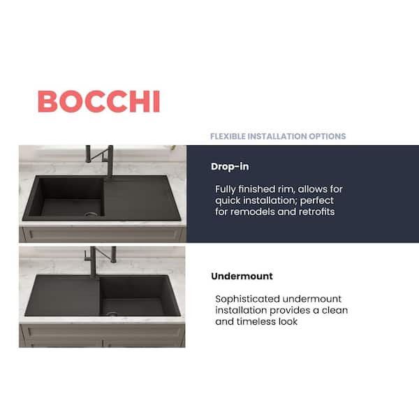 BOCCHI Levanzo 20 Dual-Mount Single Bowl Granite Composite Kitchen Sink with Drain Board, Matte Black