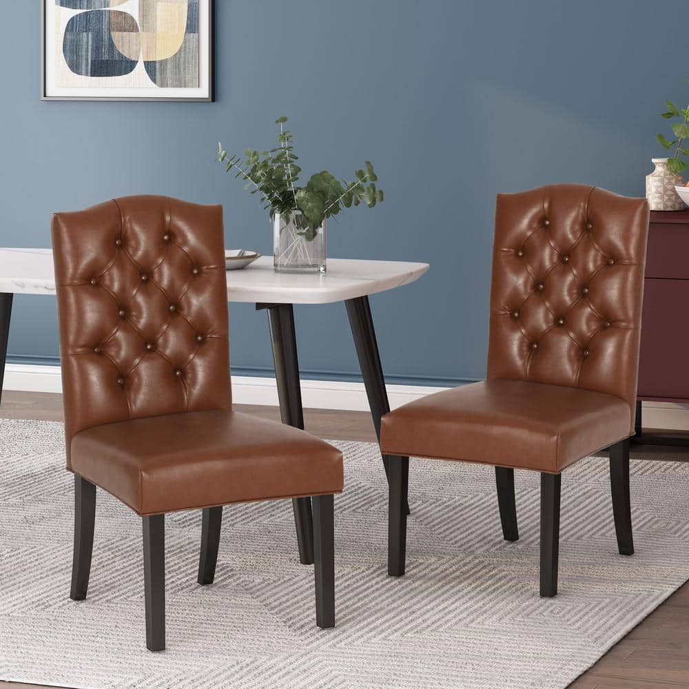 Set of 2 Cognac Brown Faux Leather High-Back Wood Dining Chairs