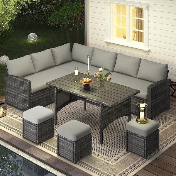 7-Piece Gray Wicker Outdoor Dining Set with Gray Cushions and 1-Dining Table
