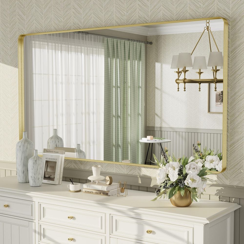 Brushed Gold Aluminum Rectangular Vanity Mirror, 55x30 Inch