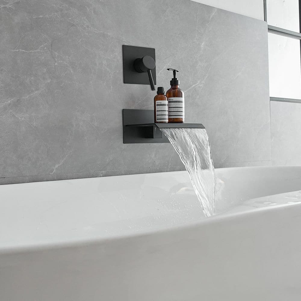 Matte Black Wall-Mount Waterfall Tub Faucet with Lever Handle