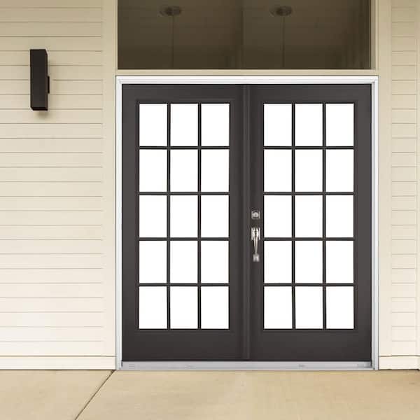 72 in. x 80 in. Black Right-Hand Inswing Fiberglass Full Lite LOE 15-Lite GBG Glass Hinged French Patio Door
