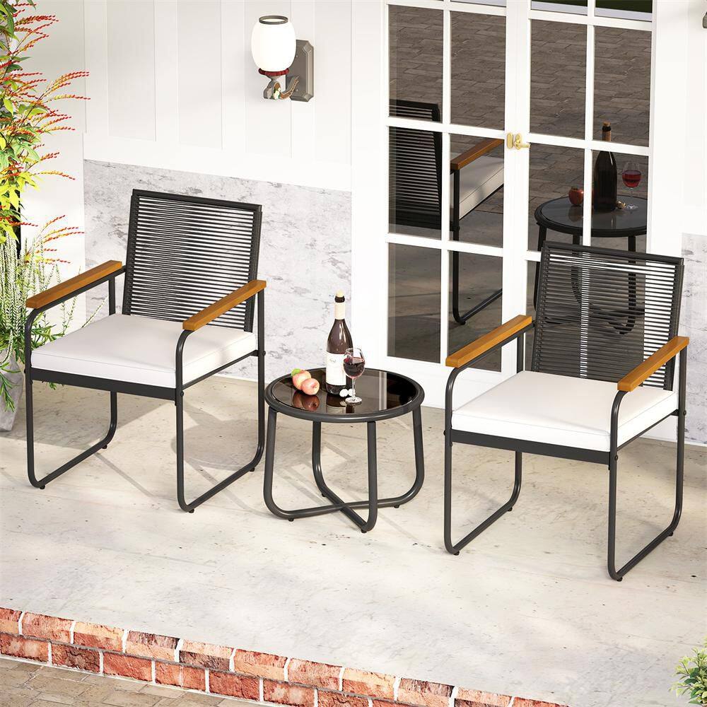 3 PCS Patio Furniture Set with Round Tempered Glass Top Table Armrests & Cushions