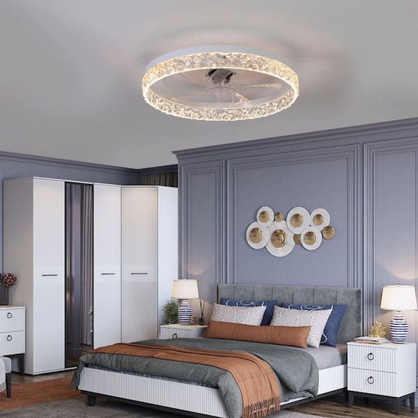 20 in. White Modern Acrylic Flush Mount Ceiling Fan with Remote, Dimmable LED Chandelier 6-Speed