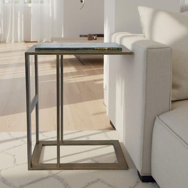 Carolina Chair & Table Castella 19 in. by 11 in. Aged Brass Recycled Glass Top C Shaped End Table