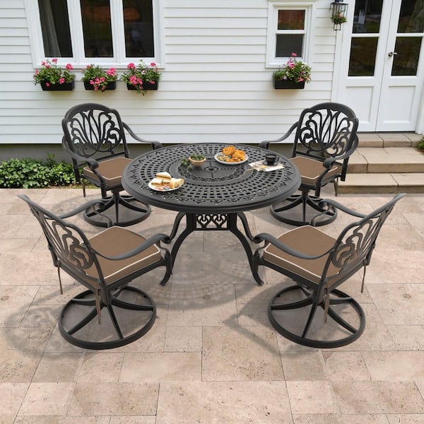 Elizabeth 5-Piece Cast Aluminum Patio Outdoor Dining Set with Round Dining Table, 4 Swivel Chairs and 4 Brown Cushions