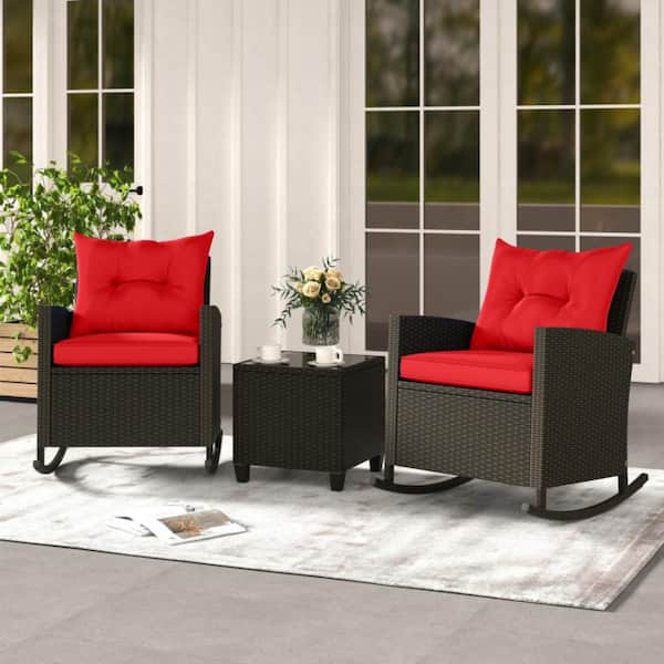 3-Piece Patio Rattan Wicker Outdoor Rocking Chair with Red Cushions and Tempered Glass Table Wicker Rocker Set