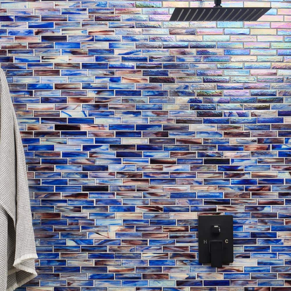 Cove Blue Polished Glass Brick Mosaic Tile Sheet