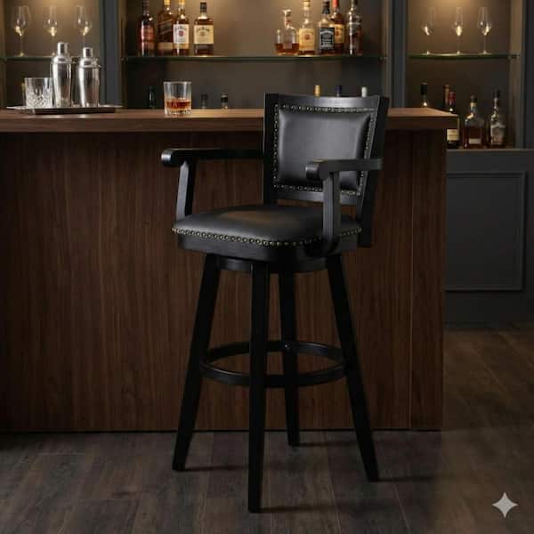 36 in. Black and Brass Low Back Wood Frame Bar Stool with Faux Leather Seat