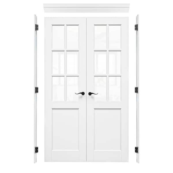 48 in. x 80 in. 6-Lite Clear Glass Universal White Solid Core Wood Ready to Assemble French Door with Separate Jamb