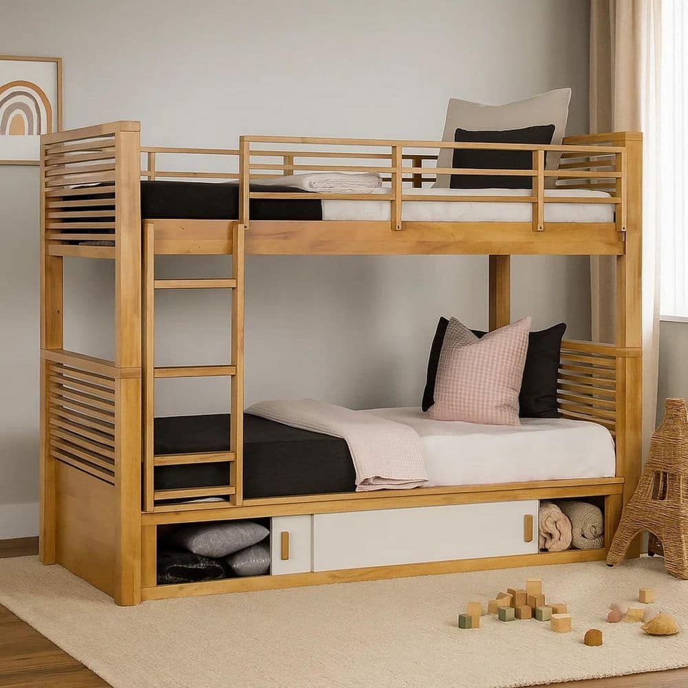 Side Bunks Benjara Dilu Oak Brown Twin Bunk Bed with Attached Side Ladder BM342535 ...