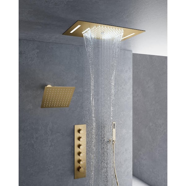 YAWWALK 5-Spray 23x15 in. Ceiling Mount LED Mood Lighting Music Dual Fixed and Handheld Shower Head in Brushed Gold
