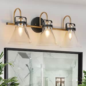Modern Black and Gold Bathroom Vanity Light, 23.6 in. 3-Light Brass Bell Wall Sconce with Clear Glass Shades