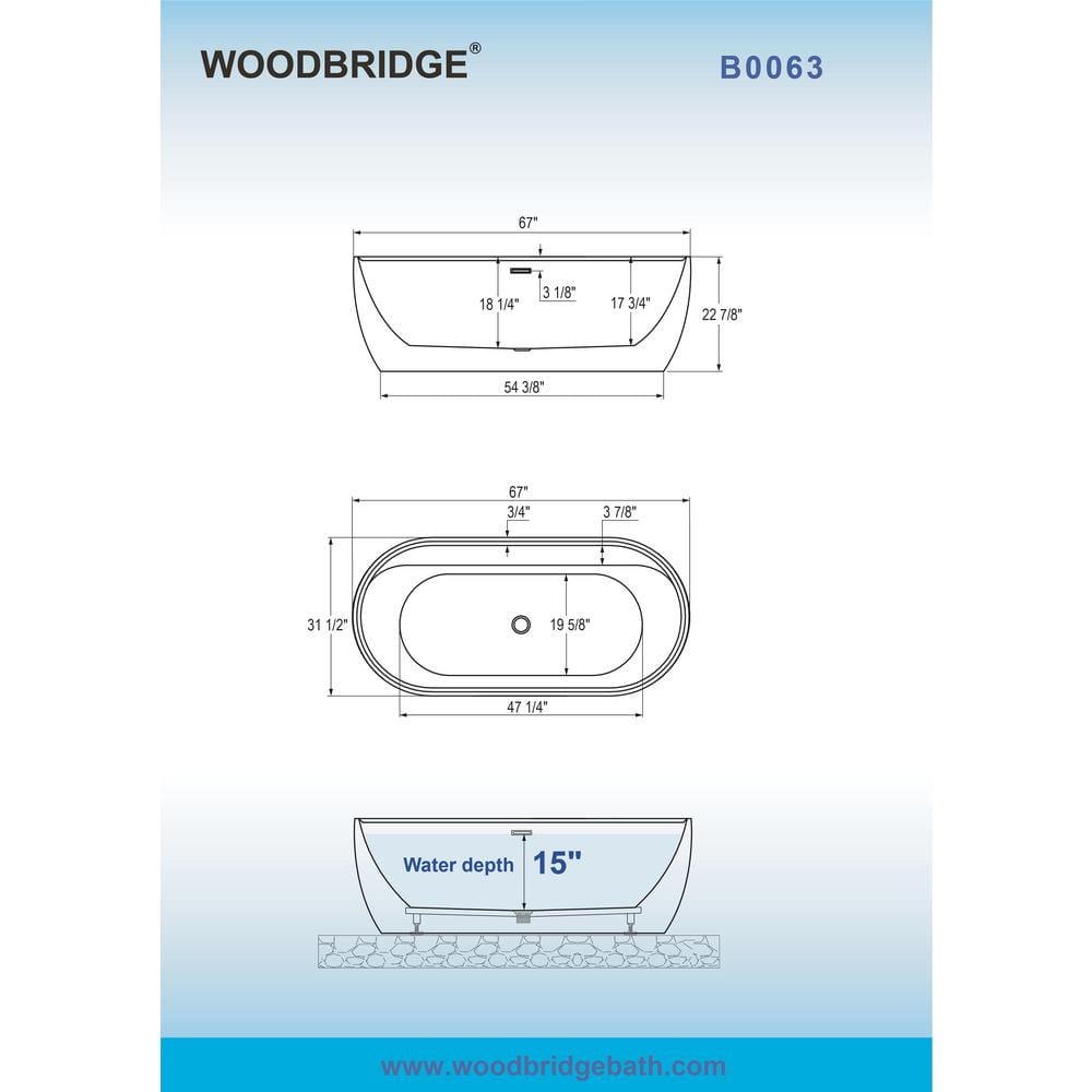67" White Acrylic Freestanding Soaking Bathtub with Brushed Gold Trim