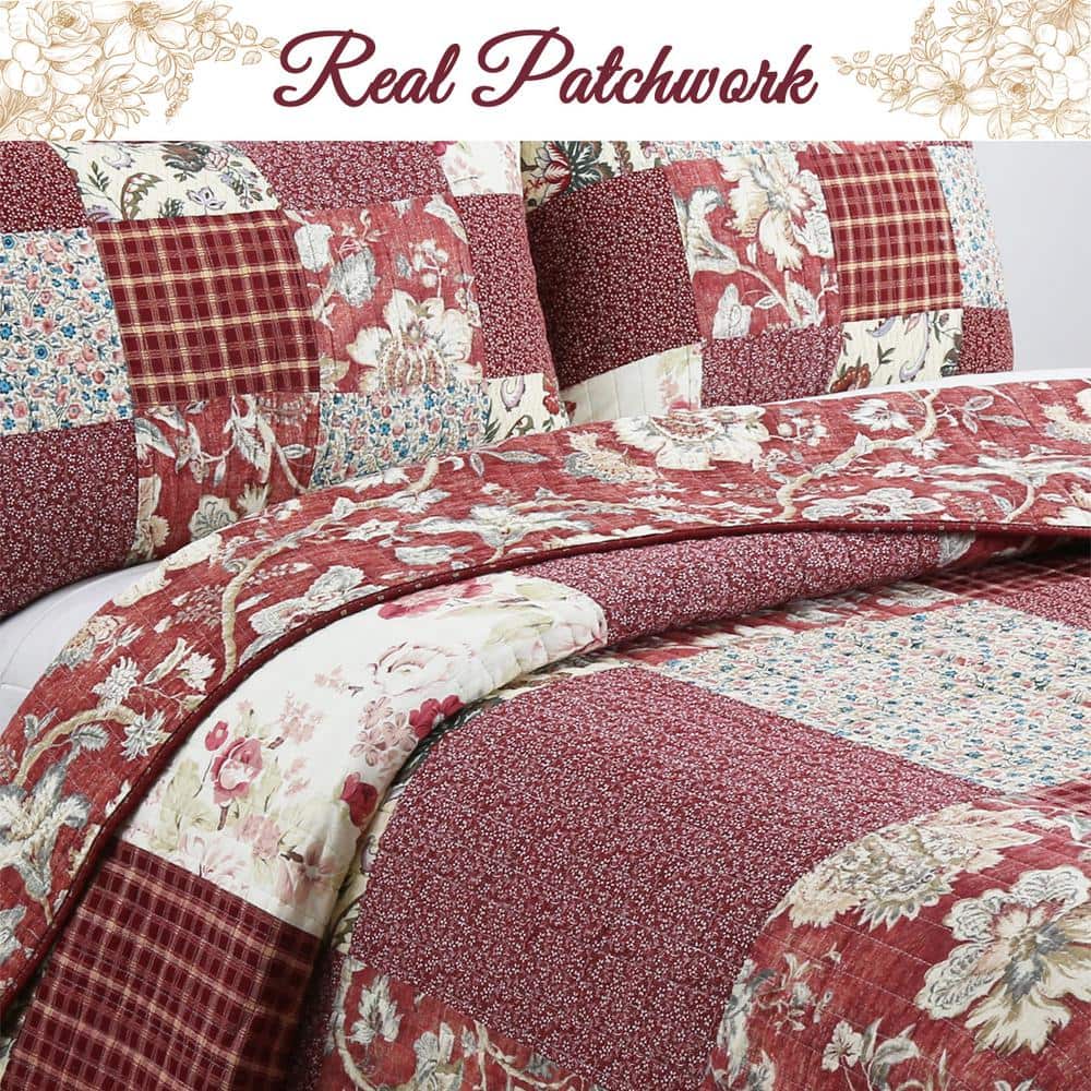 Romantic Red Floral Patchwork Cotton Reversible Queen Quilt Set