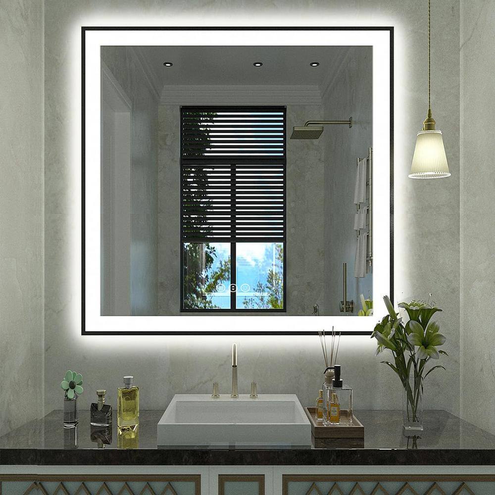 Apmir 38 in. W x 38 in. H Square Space Aluminum Framed Dual Lights Anti ...