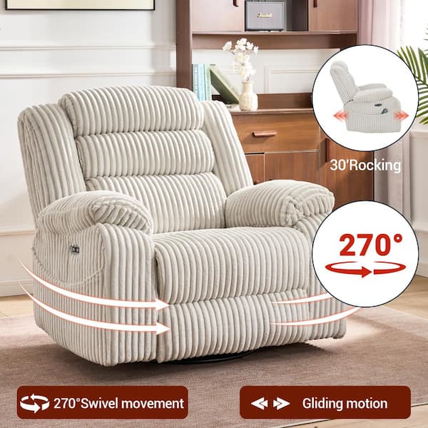 270° Swivel Corduroy Recliner Rocking Chair with Massage and Heating-Beige