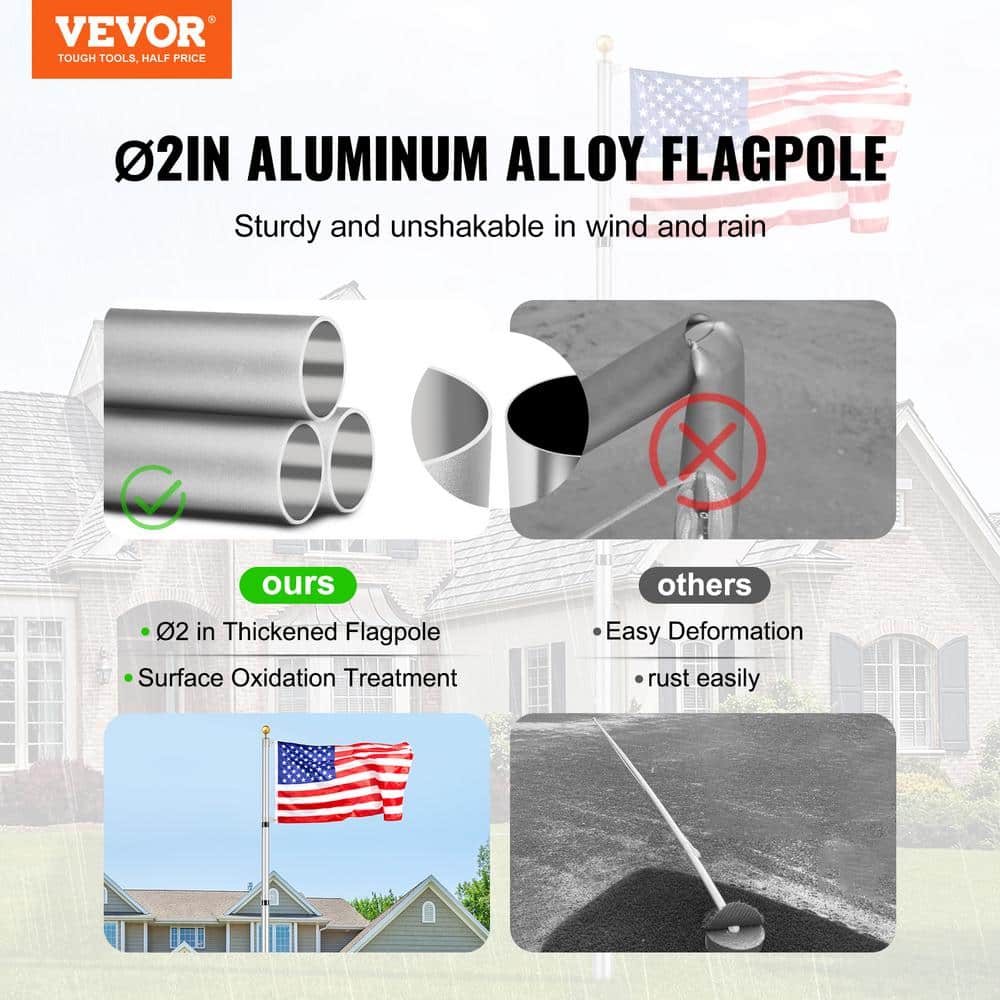 20ft Silver Aluminum Telescoping Garden Flagpole Kit