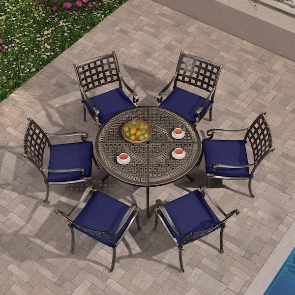 PURPLE LEAF Navy Blue 7-Piece Aluminum 6 Armchairs and 47 in. Round Table Outdoor Dining Set with Cushions