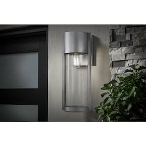 Kempster 14 in. Modern 1-Light Brushed Nickel Modern Outdoor Wall Cylinder Light with Clear Glass