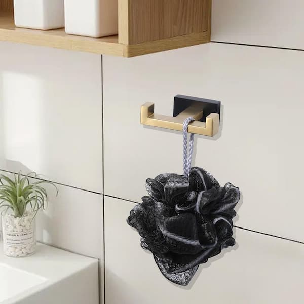 Wall Mounted J-Hook Double Robe/Towel Hook Bath Hardware Accessory in Black and Gold