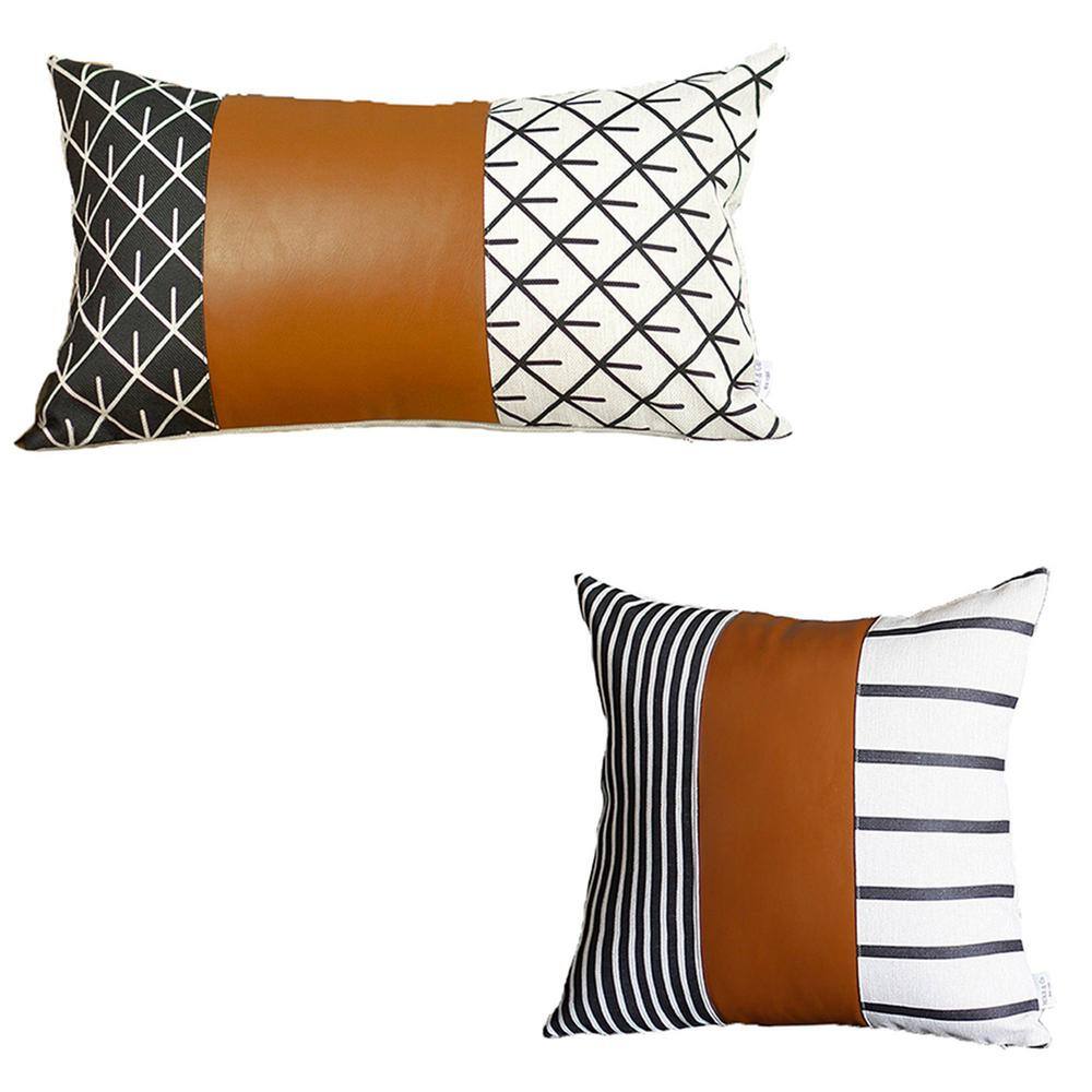 Bohemian Brown and Black Geometric Faux Leather Pillow Covers Set