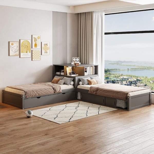 Sandra Gray Wood Frame Twin Size L-Shaped Platform Bed with Storage Cabinets, Desk, Trundle, LED Light