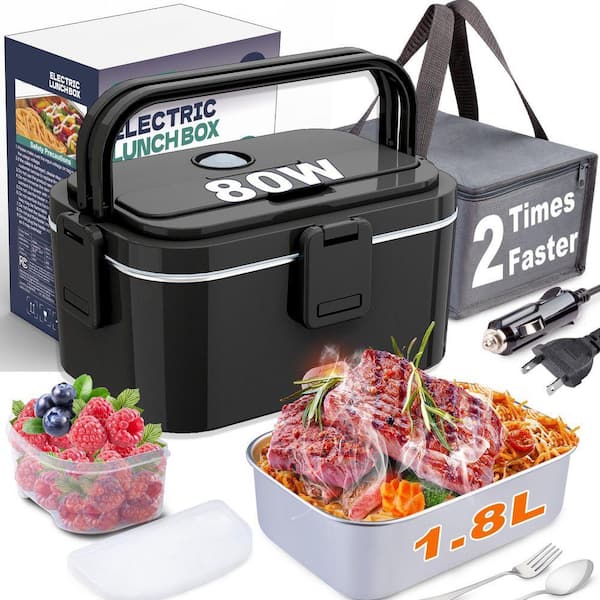 80W Black Fast Heating Electric Lunch Box, 1.8L Large Capacity with Removable Stainless Steel Container, 12V/24V/110V