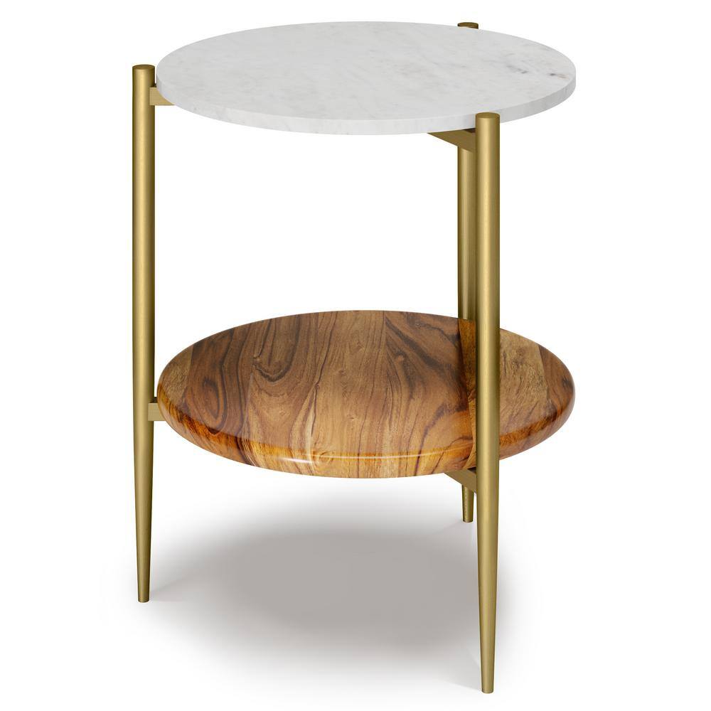 Wagner 18" Round White Marble and Acacia Wood Side Table
