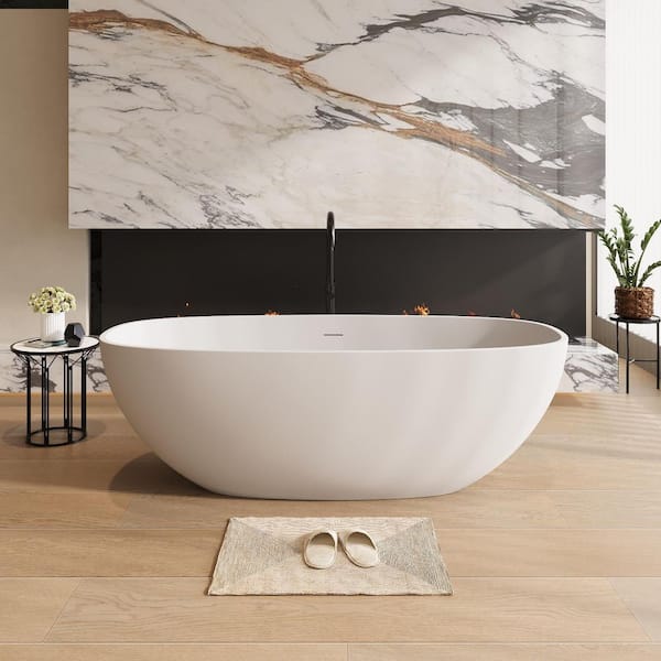 Moray 71 in. x 35 in. Solid Surface Stone Resin Freestanding Soaking Bathtub in Matte White