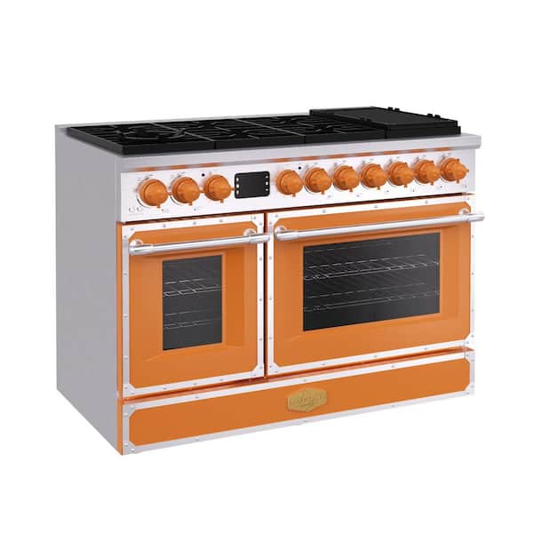48 in. Freestanding Gas Range with 8 Burners, Double Convection Oven, and Griddle, in Orange with Stainless Steel