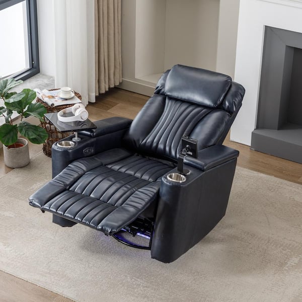 Polibi 270° Power Swivel Recliner, Home Theater Seating With Hidden Arm Storage and LED Light Strip, Cup Holder, Blue