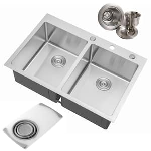 Drop-In Stainless Steel 33 in. 16-Gauge Topmount 50/50 Double Bowl Kitchen Sink in Brushed Stainless Steel w/Accessories