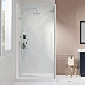 Pasadena 34 in. L x 32 in. W x 75 in. H Corner Shower Kit w/Pivot Frameless Shower Door in SN w/Shelves and Shower Pan