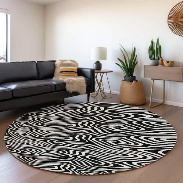 Mayfield Premium Machine Washable Abstract AMF1020 Black 8 ft. x 8 ft. Round Rug