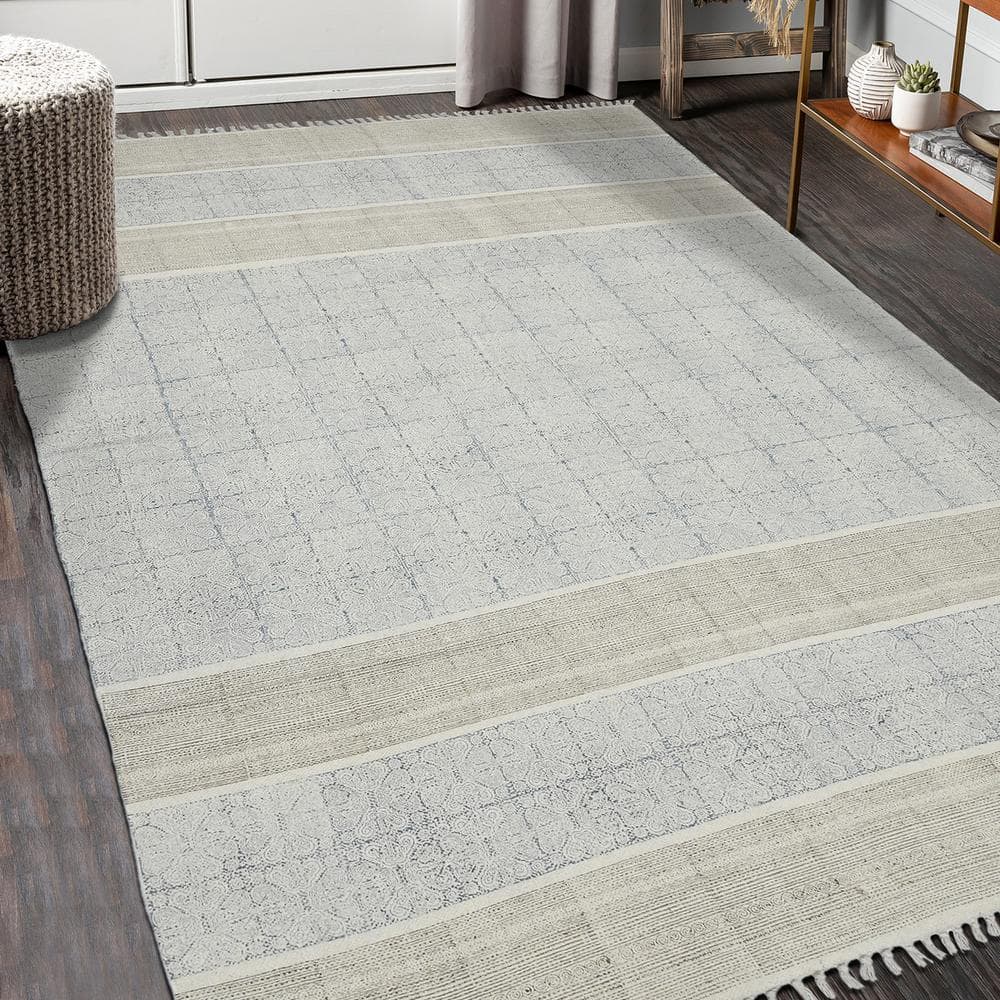 Blue Geometric Cotton Rectangular 5' x 7' Handmade Rug