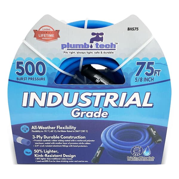 plumb tech Fits right, always tight, safe & durable. 5/8 in. dia. x 75 ft. Industrial Grade Dual-Purpose Blue Synthetic Rubber Hose, BPA Free for Safe Drinking, 500-Piece BP