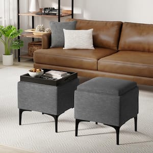 Natasha 18 in. Wide Mid Century Square Mid Century Storage Ottoman with Tray in Slate Grey Polyester Linen