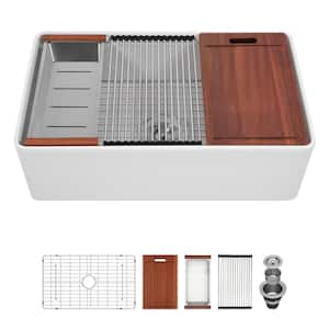 33 in. Undermount Single Bowl White Porcelain Ceramic Workstation Kitchen Sink with Bottom Grid