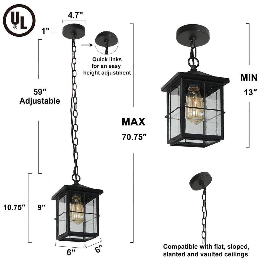 Matte Black Seeded Glass 1-Light Outdoor Pendant Lantern