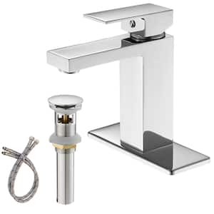 Single Handle Single Hole Bathroom Faucet with Deckplate and Drain Assembly Brass Bathroom Sink Taps in Polished Chrome