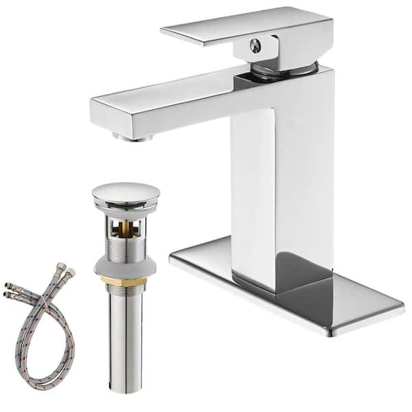 Unbranded Single Handle Single Hole Bathroom Faucet with Deckplate and Drain Assembly Brass Bathroom Sink Taps in Polished Chrome