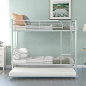 Twin-Over-Twin Metal Bunk Bed with Trundle, Twin Trundle Bed Frame for Kids, Can be Divided into Two Beds, Silver