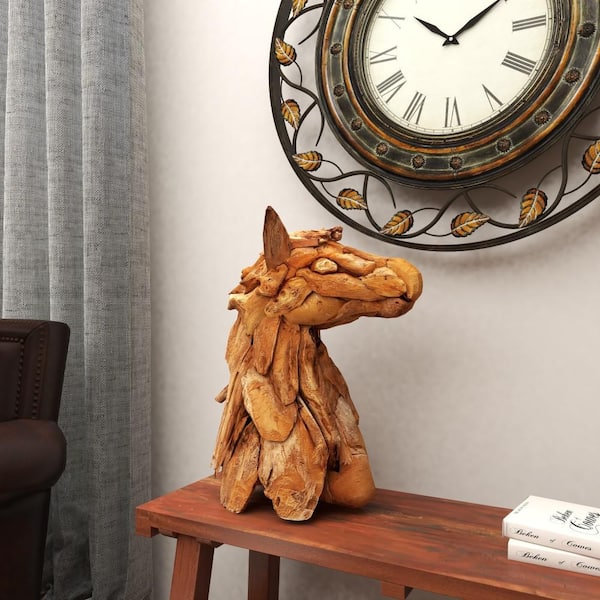 Litton Lane 18 in. x 24 in. Brown Teak Wood Handmade Horse Sculpture